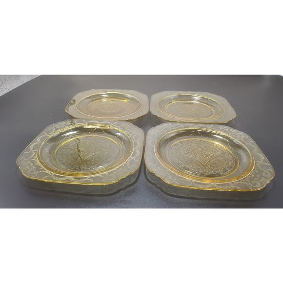 FEDERAL MADRID AMBER YELLOW DEPRESSION GLASS 7 1/2" Salad Plate Square Set of 4 - Picture 2 of 4